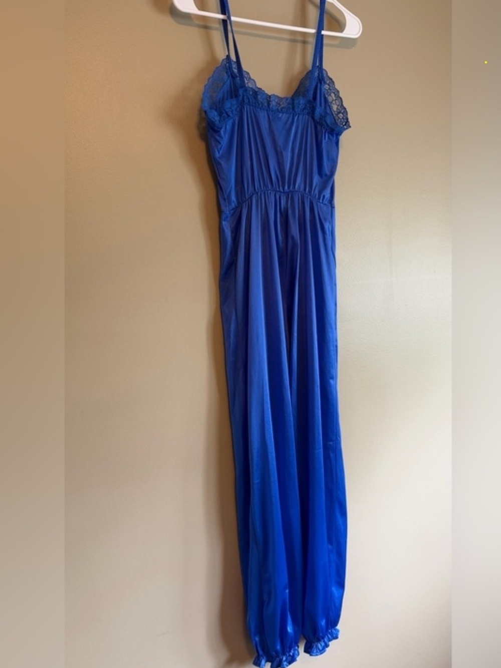 Vintage 80s Lady Cameo Royal Blue Nylon Lace Lounge Jumpsuit M - Picture 9 of 10